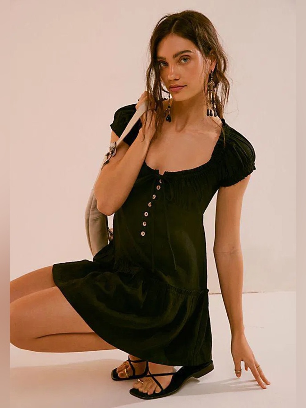 Free People Perri Linen Blend Drop-Waist Mini Dress in Black - S